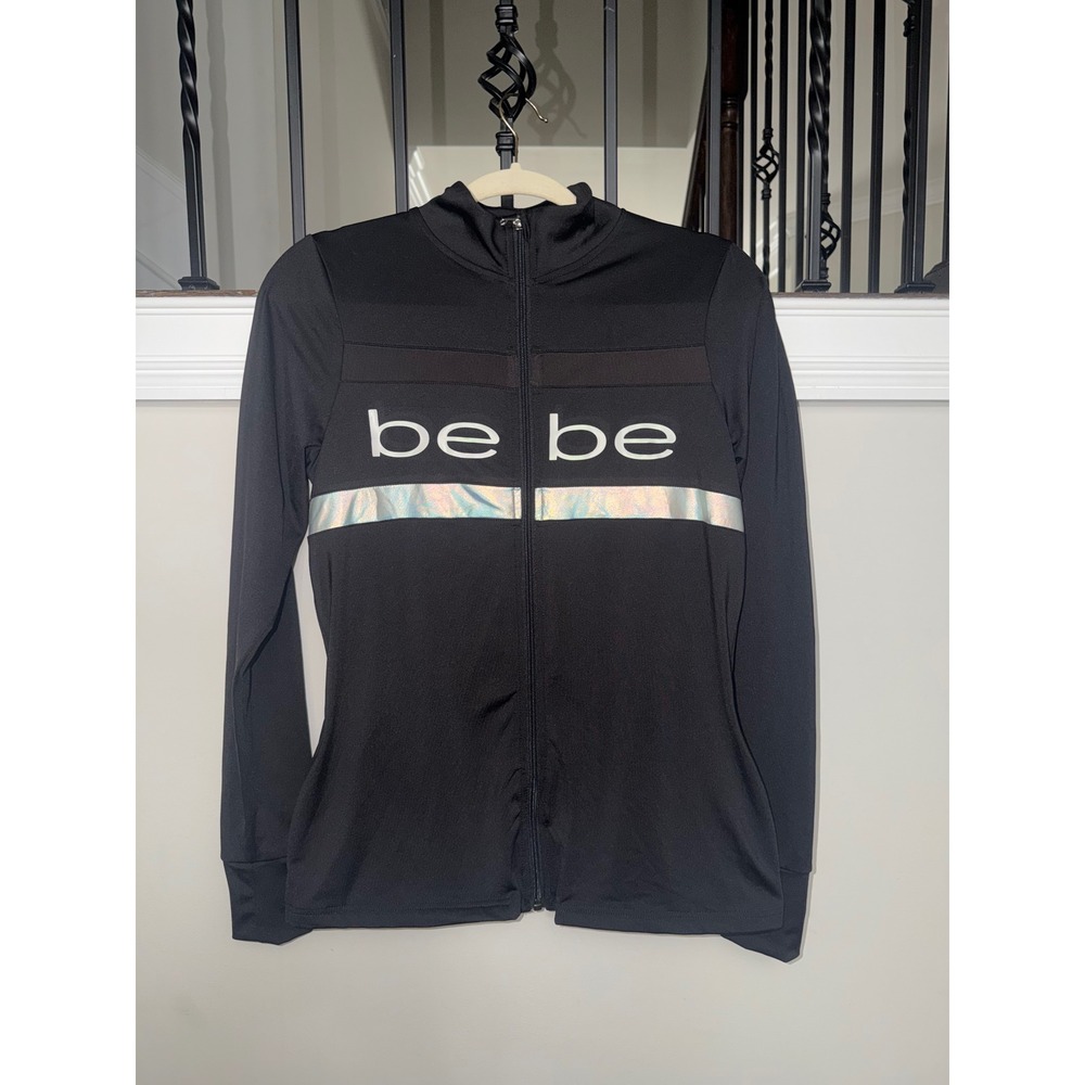 Bebe Sport Women Black Iridescent Reflective Stripe Zip Up Track Jacket Small